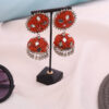 Ethnic Orange Silver Toned Dome Shaped Jhumka Earring - Image 4