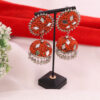 Ethnic Orange Silver Toned Dome Shaped Jhumka Earring - Image 3