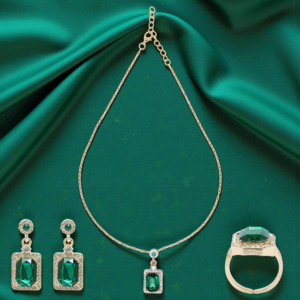Emerald Green Stone Jewelry Set – Necklace, Earrings & Ring with Gold Finish