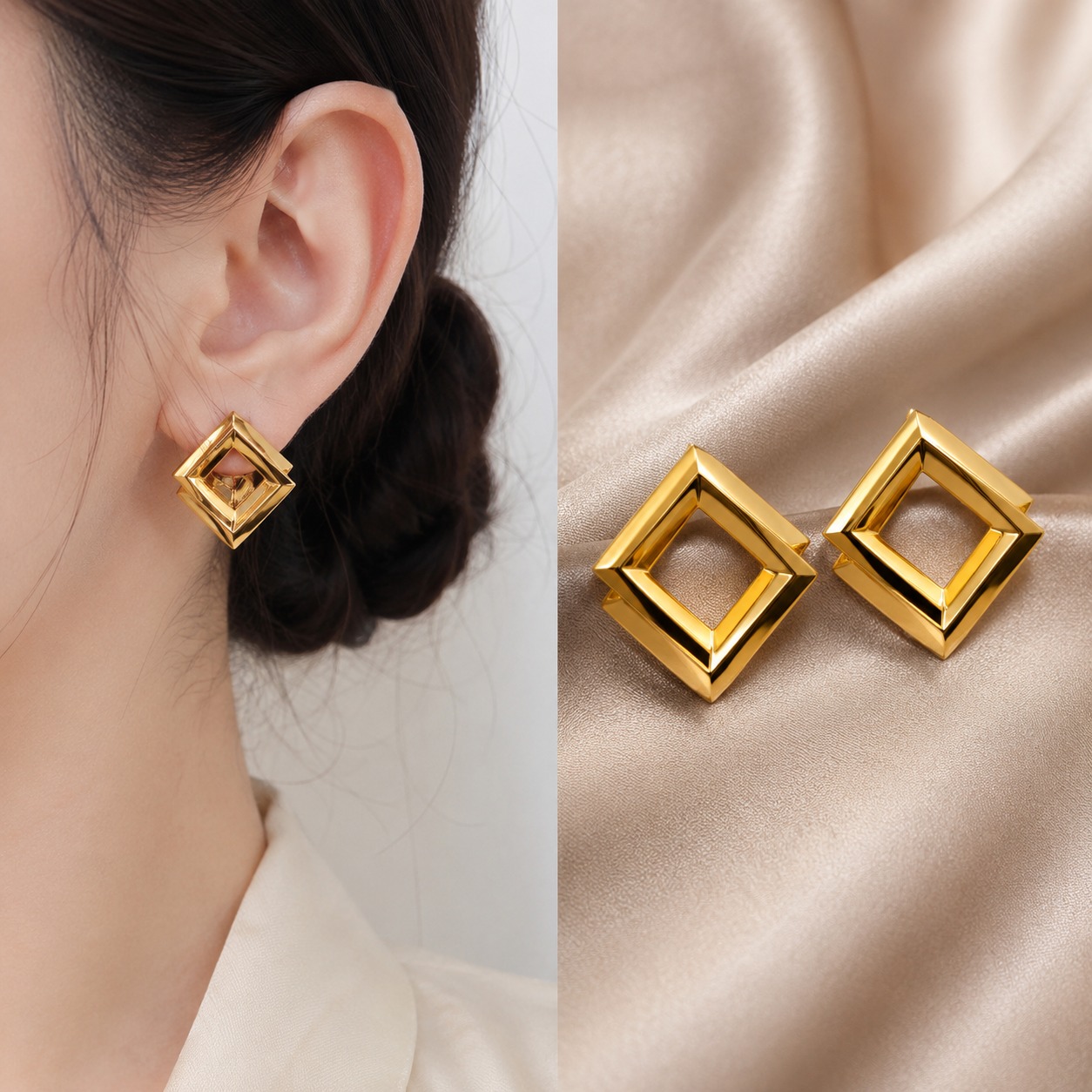 Earcadni Gold Plated Geometric Square Stud Earrings for Women & Girls - Image 4