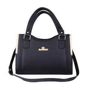 Black Ladies Handbag with Double Handles, Faux Leather, Gold Hardware, Adjustable Shoulder Strap