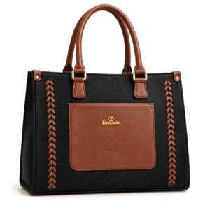 EARCADNI Women’s Elegant Black Tote Handbag with Brown Handles & Front Pocket